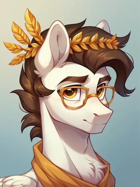 Pony Pegaso de My Little Pony, animation, masculine, beautiful, white fur and a short, somewhat unruly dark brown mane, glasses, Golden laurel wreath, and golden eyes, High Quality, Male pegasus pony