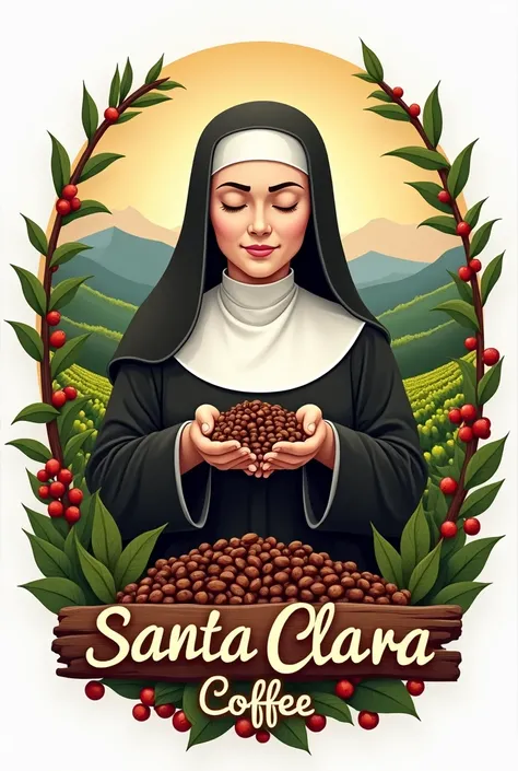 Create Logo for Santa Clara Coffee with Coffee Cup, female nun collecting and elements of coffee growing 