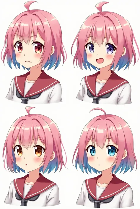 4 images of the same anime girl wearing the same outfit but with different expressions in each image. 
Same girl, same outfit, four expressions, multiple expressions, PNG tuber, anime, anime girl. One expression is sad, one expression is happy, one express...