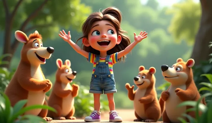 A female character named Leah, , with medium-length, wavy brown hair in a playful ponytail, expressive eyes, and a big, happy smile. Leah is wearing a rainbow-striped T-shirt and denim overalls, with purple sneakers. In the background, there’s a clearing i...