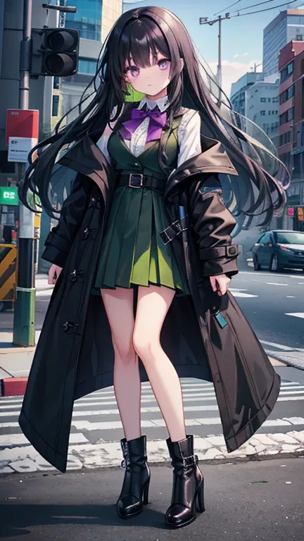 1 sixteen-year-old girl wavy black hair, purple eyes, black and green all-weather coat appears to be much too big for her, as it falls off her shoulders and reaches the ground in length. coat unbuttoned and a neon green ruffled shirt black vest with High H...