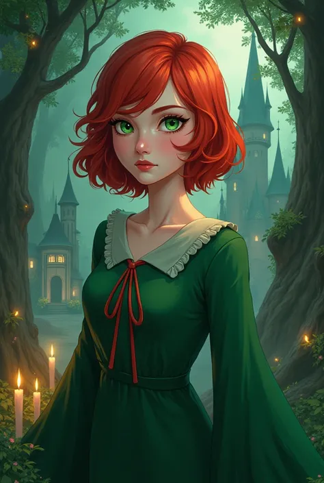 Fait moi un fond décran theme Harry Potter et Ghibli avec en personnage une femme cheveux court rouge serpentard 