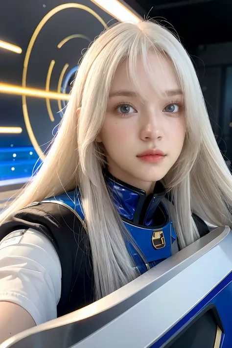 Woman with ,golden white hair,Blue eyes,,,black spacesuit