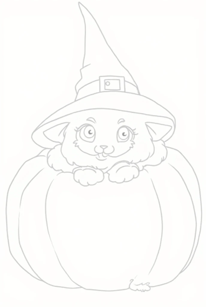 Coloring page for kids of a kitten with a witch hat inside a pumpkin