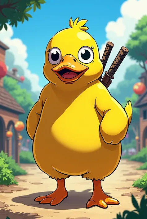 Create an illustration of Roronoa Zoro, the swordsman from One Piece, dressed in a vibrant yellow duck costume. The costume should be playful and cartoonish, featuring large, exaggerated eyes and a beak that covers his mouth. Zoro should maintain his signa...