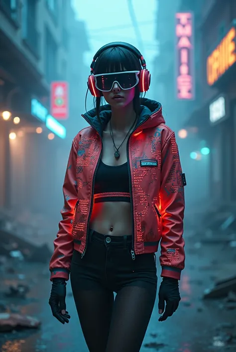 A slender and well-proportioned beautiful woman, an electronic and colorful short jacket, clothing with luminous organs that glow with an electronic circuit pattern, goggles displaying a frameless user interface, gaming-style headgear, and gaming-style clo...