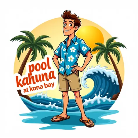 Create a vibrant, cartoon-style logo with a slim, young, and happy man wearing a blue Hawaiian shirt with white flowers, beige shorts, and flip-flops. The man should be standing confidently with a smile, one hand on his hip, in front of a tropical backgrou...