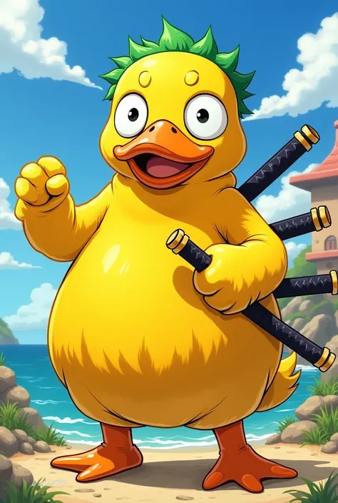 Create an illustration of Roronoa Zoro, the swordsman from One Piece, dressed in a vibrant yellow duck costume. The costume should be playful and cartoonish, featuring large, exaggerated eyes and a beak that covers his mouth. Zoro should maintain his signa...