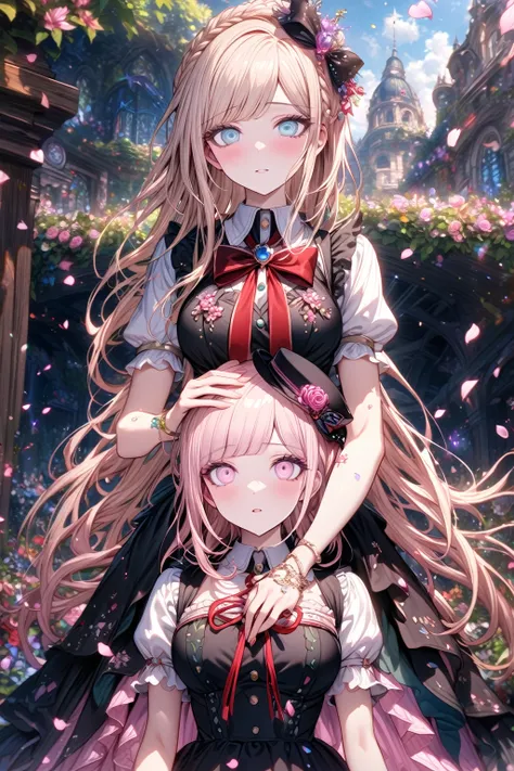 absurdres, highres, ultra detailed, HDR, master piece, Sonia Nevermind, blonde hair, expressive light blue eyes, black clothes, red ribbon, Nanami Chiaki, light pink hair, expressive pink eyes, two woman together, best quality, Danganronpa 2, solo, fantasy...