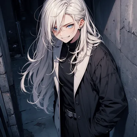 blue eyes, nice young man, White hair, Long hair, bangs, forehead, Long cut eye, evil smile, black skirt costume, nice, handsome, Cool, handsome, Concrete wall on background, Top view, hockend, grin, high quality, Drawing quantity, pixiv-Illustration, 
