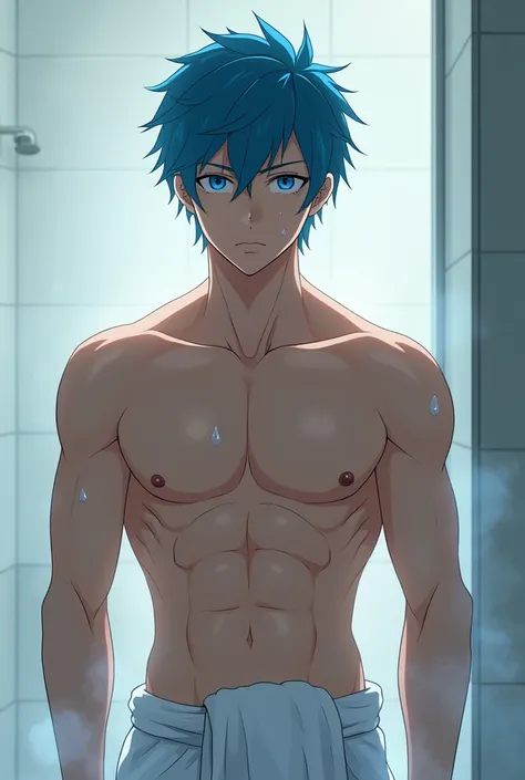 Create a photo of Rin itoshi (Blue Lock character) coming out of the shower wearing only a white towel around his waist 