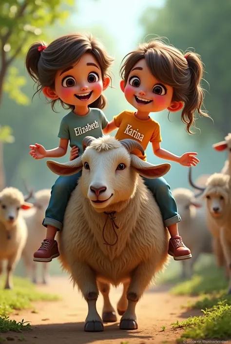 Two girls riding a goat with shirts each with their name Elizabeth Karina 