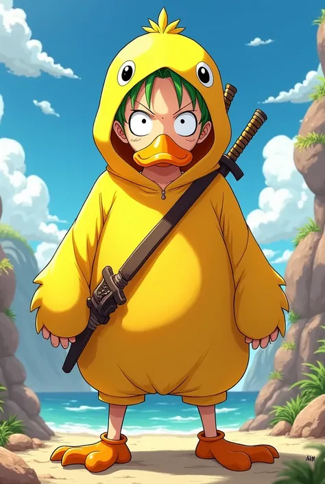 Create an illustration of Roronoa Zoro, the swordsman from One Piece, dressed in a vibrant yellow duck costume. The costume should be playful and cartoonish, featuring large, exaggerated eyes and a beak that covers his mouth. Zoro should maintain his signa...