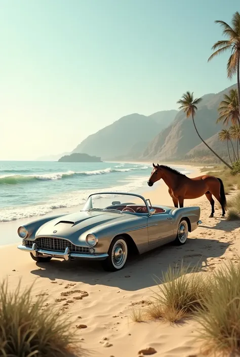 car in a beach with horse
