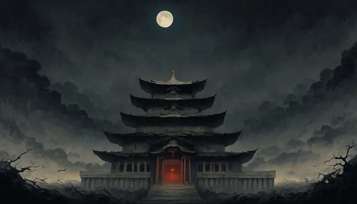 the temple, Night, There is no moon., the sky is overcast, horror, ominous atmosphere,