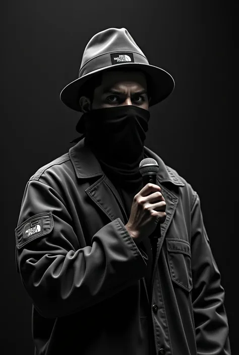 The image shows a person in black and white, apparently in a performance or presentation. He has a very urban and mysterious style., with most of the face covered. Details of the clothing: cap: He wears a fisherman-type hat. (bucket hat) from the brand The...