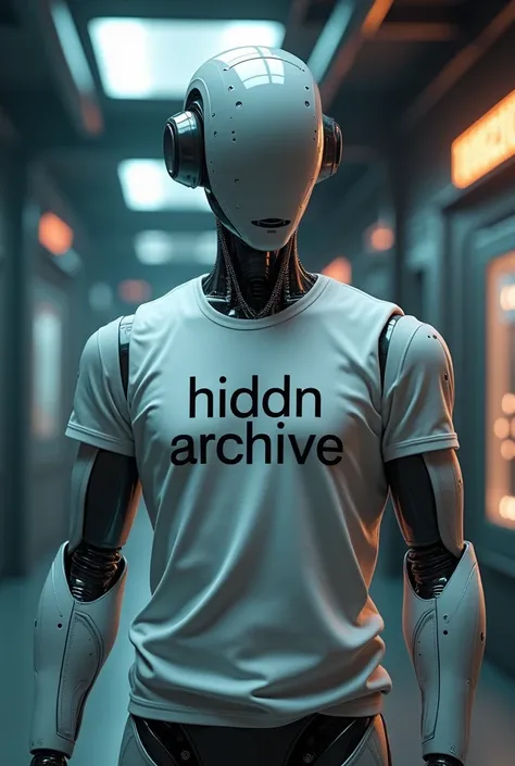 A robot wearing a t shirt written hiddn archive 