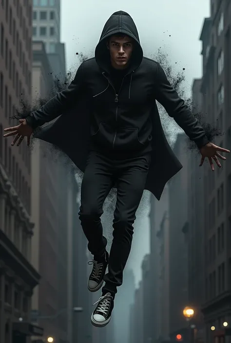 Create a  white guy who wears black hoodie and black pant and wears converse shoe and he is flowting in air like superman pose and he has black  powers and he should have black  powers  and back ground should be dark on new york