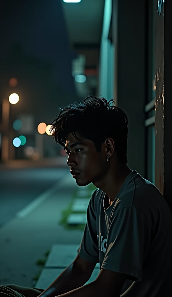 A 1 Indonesian man sitting alone at night, feeling deep sadness. Hes dressed in a simple shirt with the word ArtDay printed on it. The background is dark, with faint streetlights or a dimly lit room, highlighting his pensive expression as he gazes off into...