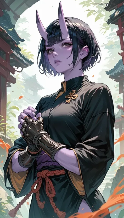 score_9, score_8_up, score_7_up, score_6_up, 1woman, ((purple skin)), short hair, black hair, oni horns, gauntlets, monk, black robes, 