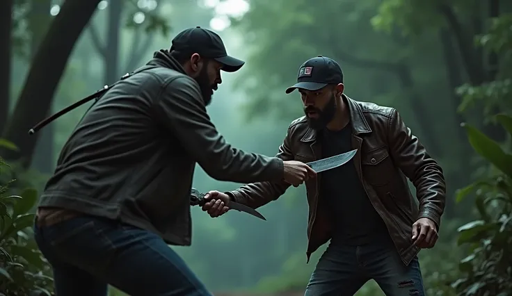 a close up of 2 person holding a knife stabbing a zombie&#39;s head inside a forest. a young bearded black man wearing a worn leather jacket. dark t-shirt, jeans pants, black baseball hat