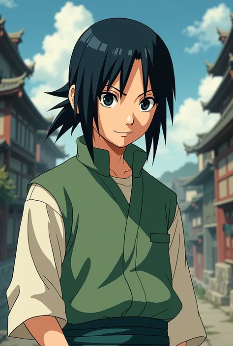 Classic Naruto , slightly long black hair, Thin and black-eyed, male groan, with the light green and white ninja uniform