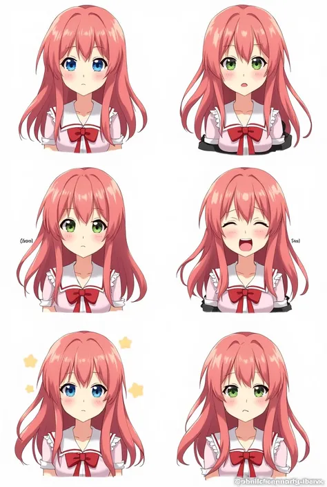 6 images of the same anime girl wearing the same outfit but with different expressions in each image. 
Same girl, same outfit, vtuber, six expressions, multiple expressions, high quality, PNG tuber, anime, anime girl. One expression is sad, one expression ...