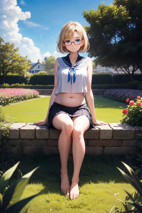  extremely beautiful eleven year old , shoulder length blonde hair , blue eyes , one meter and sixty centimeters tall , prescription glasses , white sleeveless blouse without print showing the belly button , black micro skirt , barefoot , sitting on the gr...