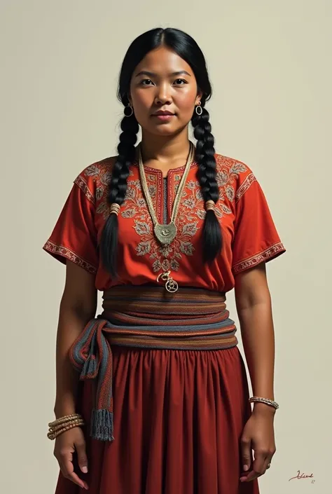  Micaela Bastidas, Peruvian indigenous heroine who fought for Peru, with a blouse and a skirt with two braids full body, with model pose