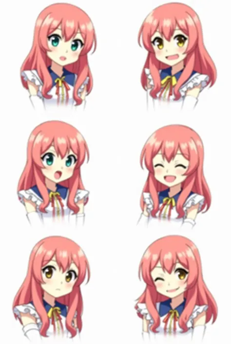 6 images of the same anime girl wearing the same outfit but with different expressions in each image. 
Same girl, same outfit, vtuber, six expressions, multiple expressions, high quality, PNG tuber, anime, anime girl. One expression is sad, one expression ...