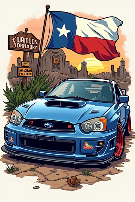 Im looking for a creative t-shirt design that combines a Subaru with the spirit of Texas in a fun, cartoonish style.

Key Elements:
- The design must feature the word Subimods
- The design should include the Texas flag, cowboy imagery and some state landma...