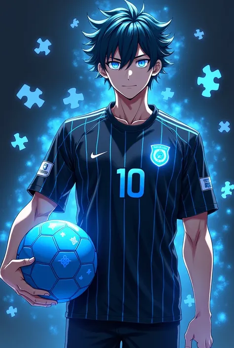 AI image of footballer with puzzle pieces flying around him and has blue aura . With meta vision eyes.  Suitable football kit and carrying a football . Create an anime image mostly include upper body with football and stylish hairstyle anime face more deta...