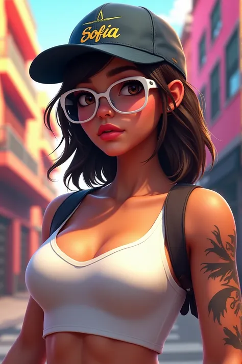 Female character with Free Fire game style I want with a cal boy hat with a tank top (white) with white glasses called "sofia"