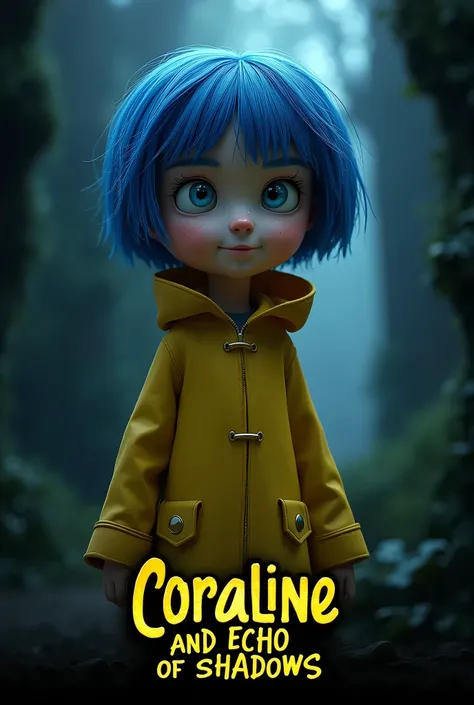 The character from the movie Coraline and the Secret World with short blue hair, a yellow raincoat with a hood and long sleeves, with the name written underneath " coraline and echo of shadows" In Portuguese