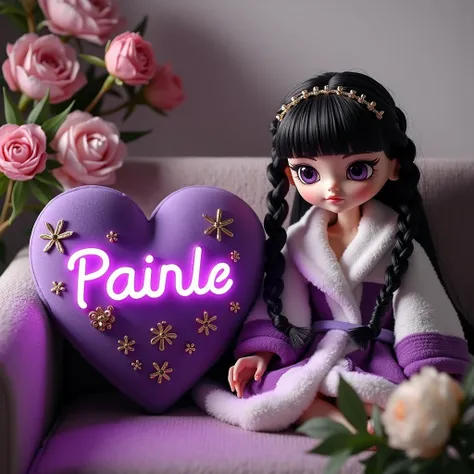 Text "reisya" with a neon purple style there is a beautiful purple pillow in the shape of a neon heart, each side of which is decorated with mini gold flowers,The pillow is on the side of a cute, beautiful doll with black braided hair, wearing a fluffy whi...