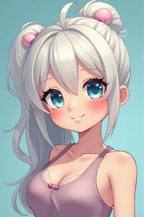 Lady with a ponytail white hair and cute chubby chick face and light blue eyes