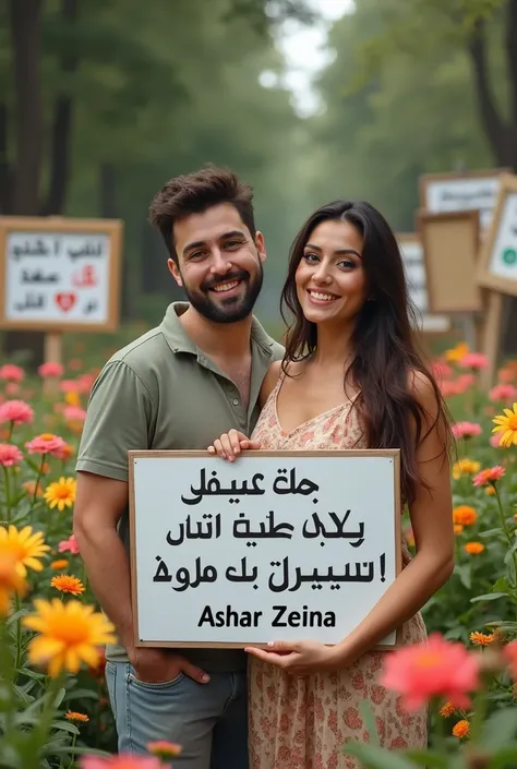 Give me a natural picture of me with signs and flowers and a beautiful woman holding a sign that says subscribe to the Ashar Zeina channel on Facebook in Arabic
