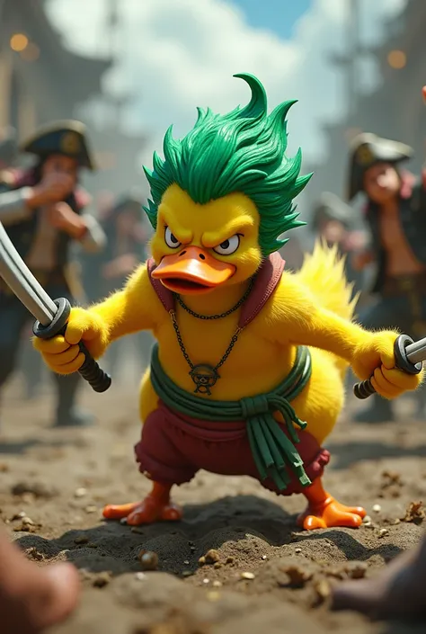 Create an action-packed scene of yellow duck in a Roronoa zoro costume, mid-battle against pirates, with his swords drawn and determination on his face. Green hair, left eye close