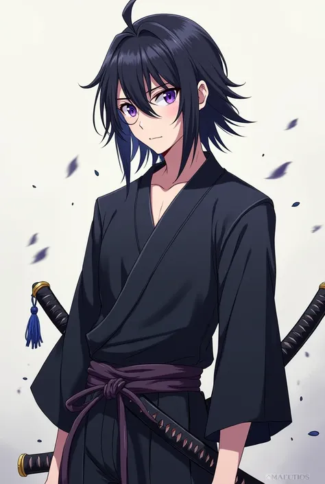 a young man of 1,17 with purple eyes straight black hair with bangs and falling over the eyes, with a demon hunter outfit from the anime demon slayer, with a katana in a sheath at his waist.