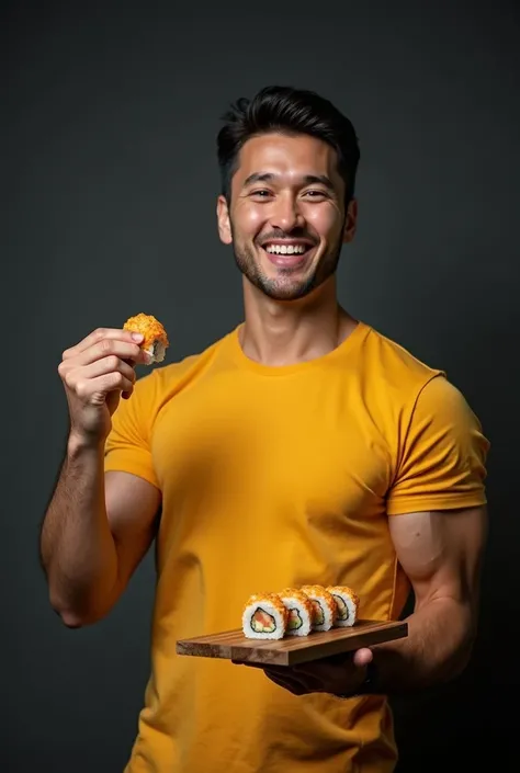 Realistic photo just below the chest, which depicts a muscular man in a yellow T-shirt, smiles, no stubble, face is smooth, With one hand he shows and boasts his biceps, and in the other he holds a wooden board on which lie two delicious Japanese rolls, pr...