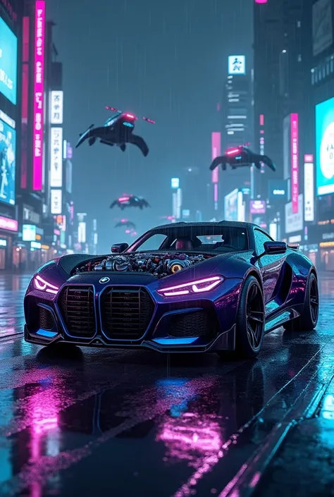 (((Masterpiece))), (((Highest quality))), ((Very detailed)), (photograph)), High resolution, a vibrant scene featuring a futuristic BMW sports car with a fully exposed, imposing engine mounted outside the hood, illuminated by neon lights that pulse in elec...