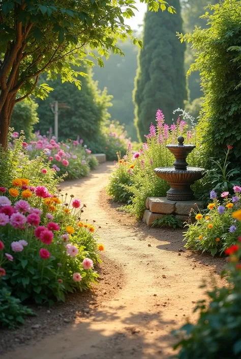 It is a dirt road in the middle of a  naturel beautiful flower garden with a water fountain on the right side of the road