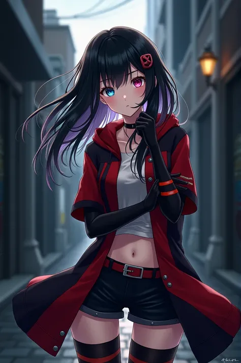 beautiful anime girl, black hair with strands in the front longer than those in the back, Short Layered Back, fringe covering his forehead, white and soft skin, Her small but well-formed body highlights her thighs and breasts,eyes of different colors, The ...