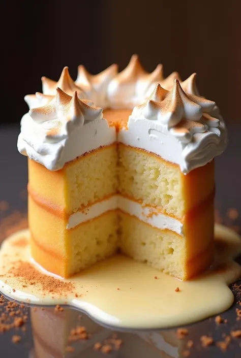 a beautiful, intricate, and mouthwatering tres leches cake, covered in a fluffy meringue topping, with a dusting of cinnamon powder on the bottom, set in a pool of creamy condensed milk and milk sauce, highly detailed, 8k, photorealistic, masterpiece, stud...