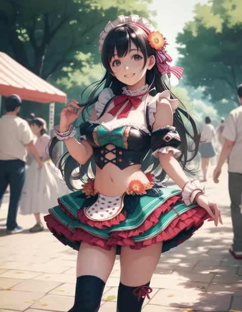 (Photorealistic:0.5)Japanese,tareme,black hair,long hair,busty,idol costume,frill,smile,park,festival