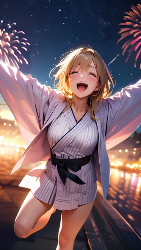 score_9, score_8_up, score_7_up, score_6_up, score_5_up, score_4_up, high quality, masterpiece, HDR, photorealistic, 1 girl, blonde hair, yukata, open mouth, happy, spread legs, spread arms, in sky, night sky, Fireworks are shooting up all over the backgro...