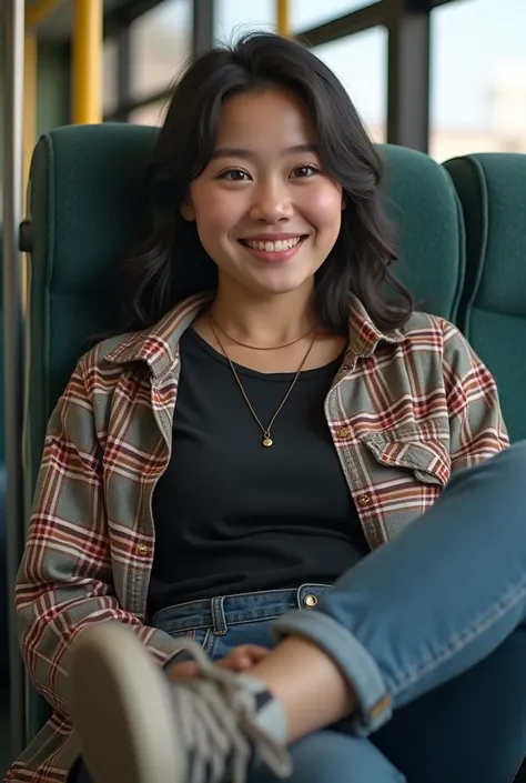 Beautiful woman with chubby face smiling charmingly 20 years old wearing a checkered shirt with a black T-shirt inside, necklace, long jeans, sport shoes, sitting in a bus, the back of the leg is raised up, arms are stretched out on the seat, realistic bus...