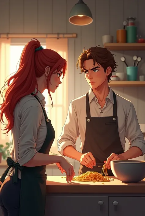 couple, handsome boy, brown wavy hair, in the kitchen, behind the counter, making noodles, with angry redhead girl in apron, realistic