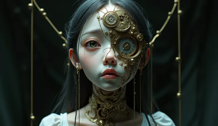 A partially constructed beautiful clockwork girl with a cracked face revealing her inner mechanisms, looking sadly at the viewer. She is suspended and controlled by strings extending from the sky. The scene is viewed from an overhead perspective, set again...