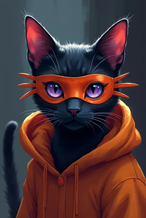  a black cat with a purple eyed bandit face with an orange anime hoodie